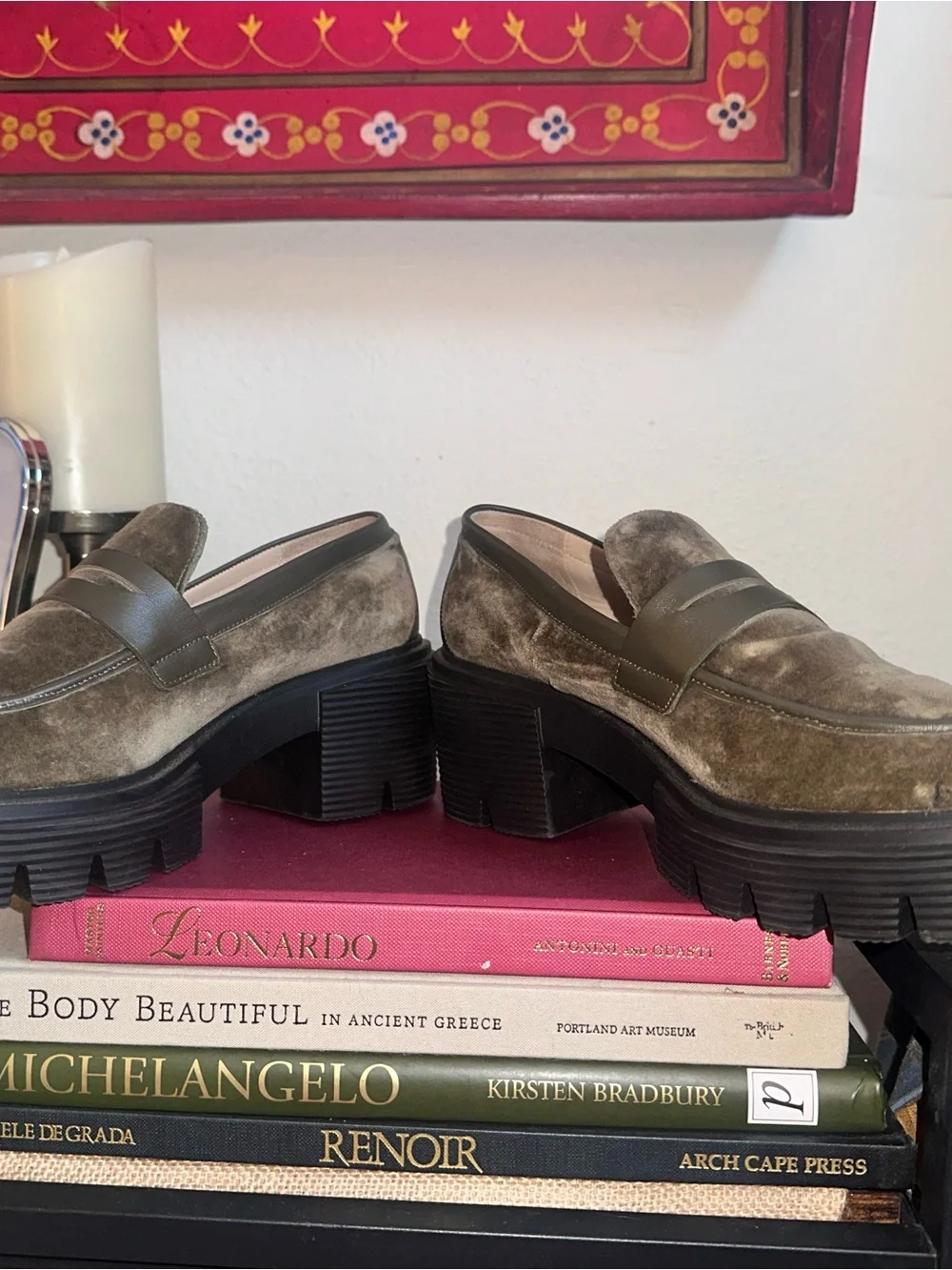 Stuart Weitzman Soho Olive Velvet Lug Sole Loafers